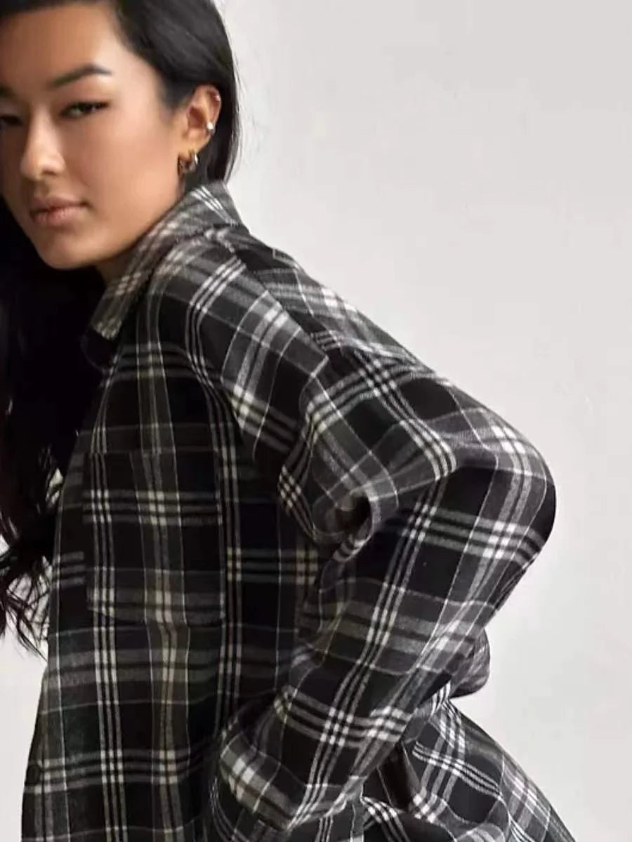 Summer Oversized Plaid Shirt Long Sleeve Loose Fit Blouse Autumn Female Office Shirt Tops for Woman