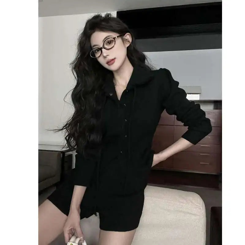 Sweet Hot Girl Suit Spring Turndown Collar Knitted Cardigan High Waisted Shorts Twopiece Set Female Clothes
