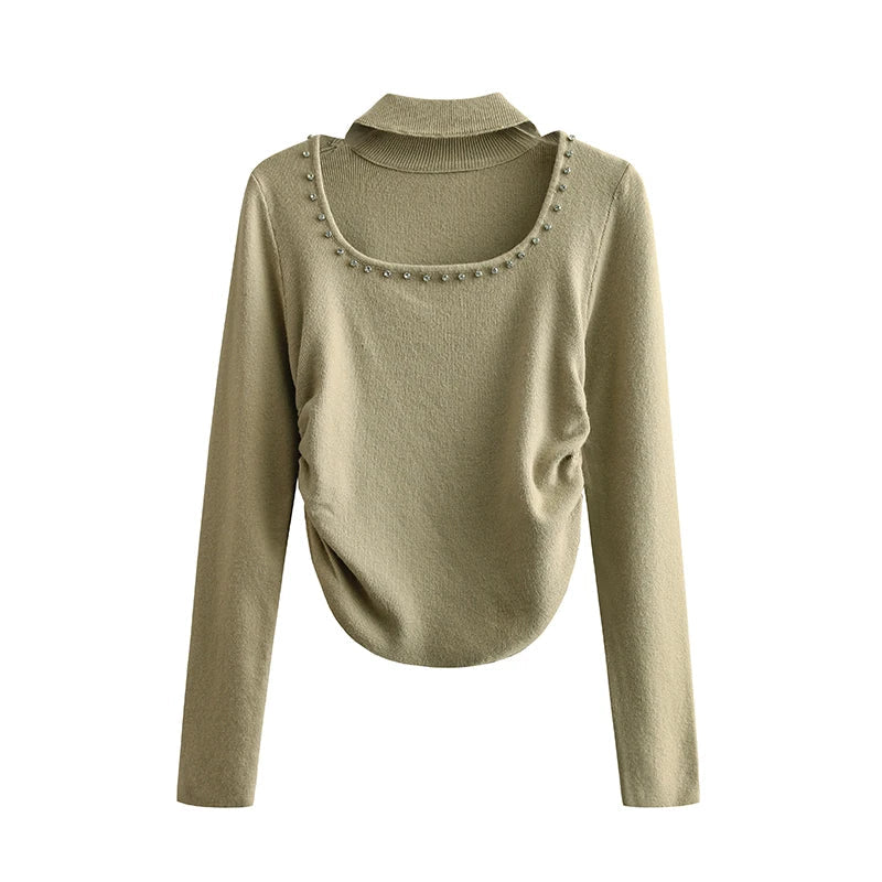 No Maillard Rule Neck Cutout Knitted Bottoms Autumn Design Sense of Pure Spice ' Slim Fit Short Suit Sweater