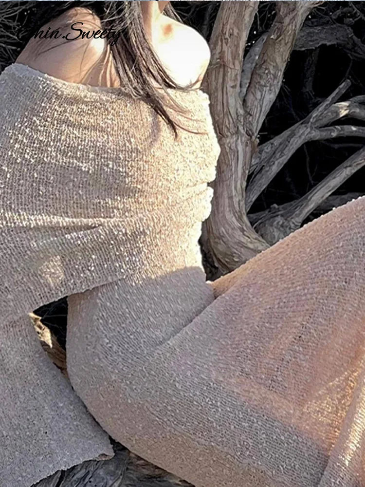 Beach Knitted Off the Shoulder Long Dress Slim Flare Sleeve Hollow Out Maxi Dresses Summer Lady Hip Package Robes