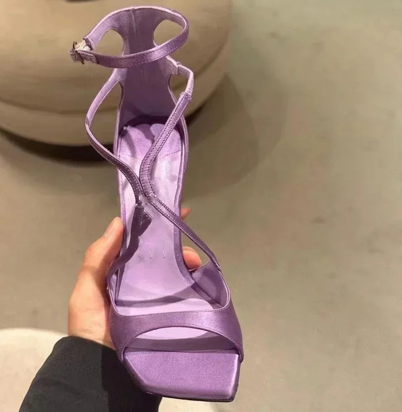 Silk Thin High Heels Brand Banquet Dress Shoes Open Toe Crosstied Pumps Designer Sandals Female