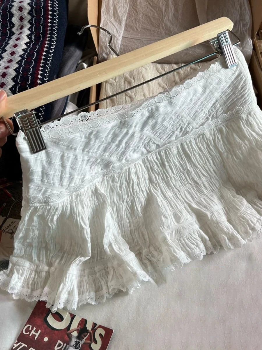 White Lace Trim Sweet Mini Skirts Summer Folds Texture High Waist Aline Short Faldas Balletcore Skirt