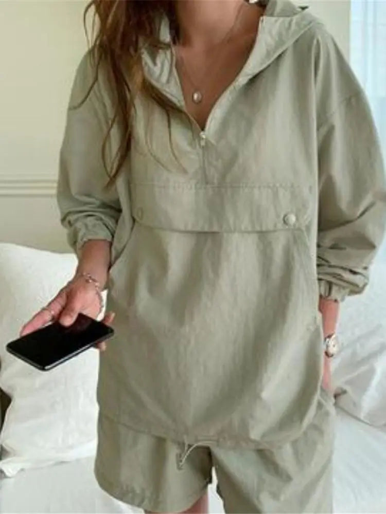 New Summer ’s Suit 2 Pieces Set Hooded Long Sleeve Hoodies and Shorts Female Sporty Tracksuit