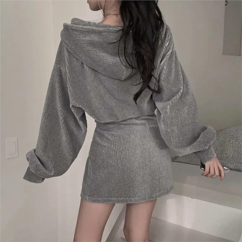 Korean Corduroy Two-piece Skirt Sets Hoodie Crop Top Coats Bodycon Mini Skirt Autumn Winter New Outfits Suit