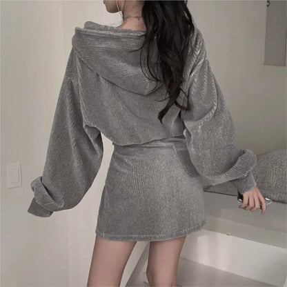 Korean Corduroy Two-piece Skirt Sets Hoodie Crop Top Coats Bodycon Mini Skirt Autumn Winter New Outfits Suit