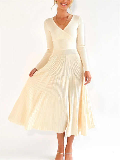 V-neck Backless Knit Maxi Dress for Slim Party Dress High Waist Ribbed Patchwork Long Dress