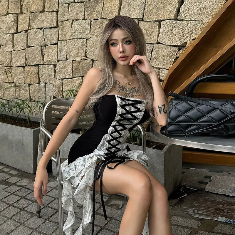Spicy Girl Waist Cinching Slim Fit Strap Tassel Ruffle Strapless Dress for Summer New Off Shoulder Mini Dress