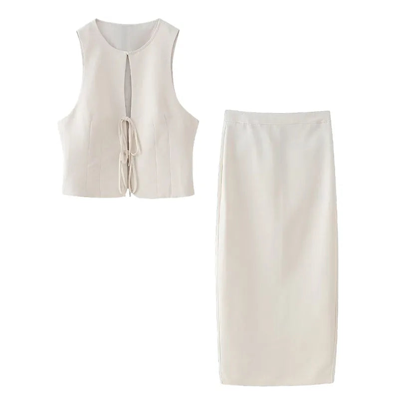 Summer Suit Woman Sleeveless Tank Top Causal Laceup Cropped Vest Female High Waist Slit Pencil Long Skirts