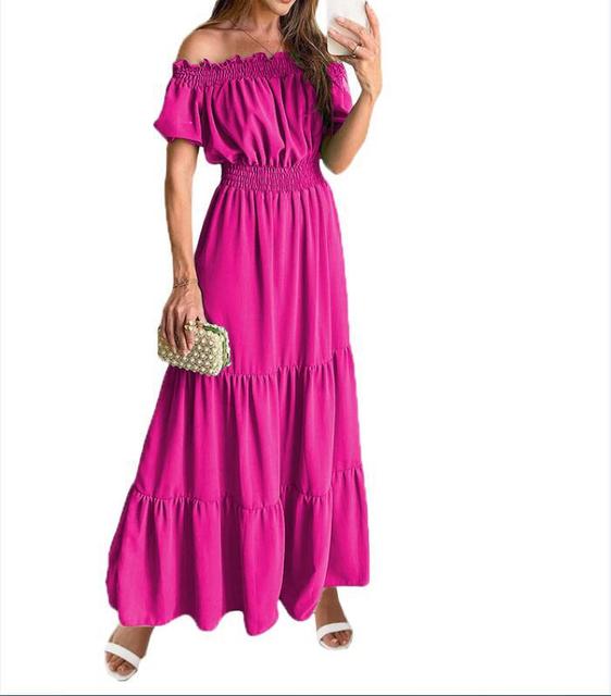 Summer Vestidos Red Short Sleeve Club Party Evening Long Dress Slim Color Robe Ruffles Elastic Waist Slash Neck