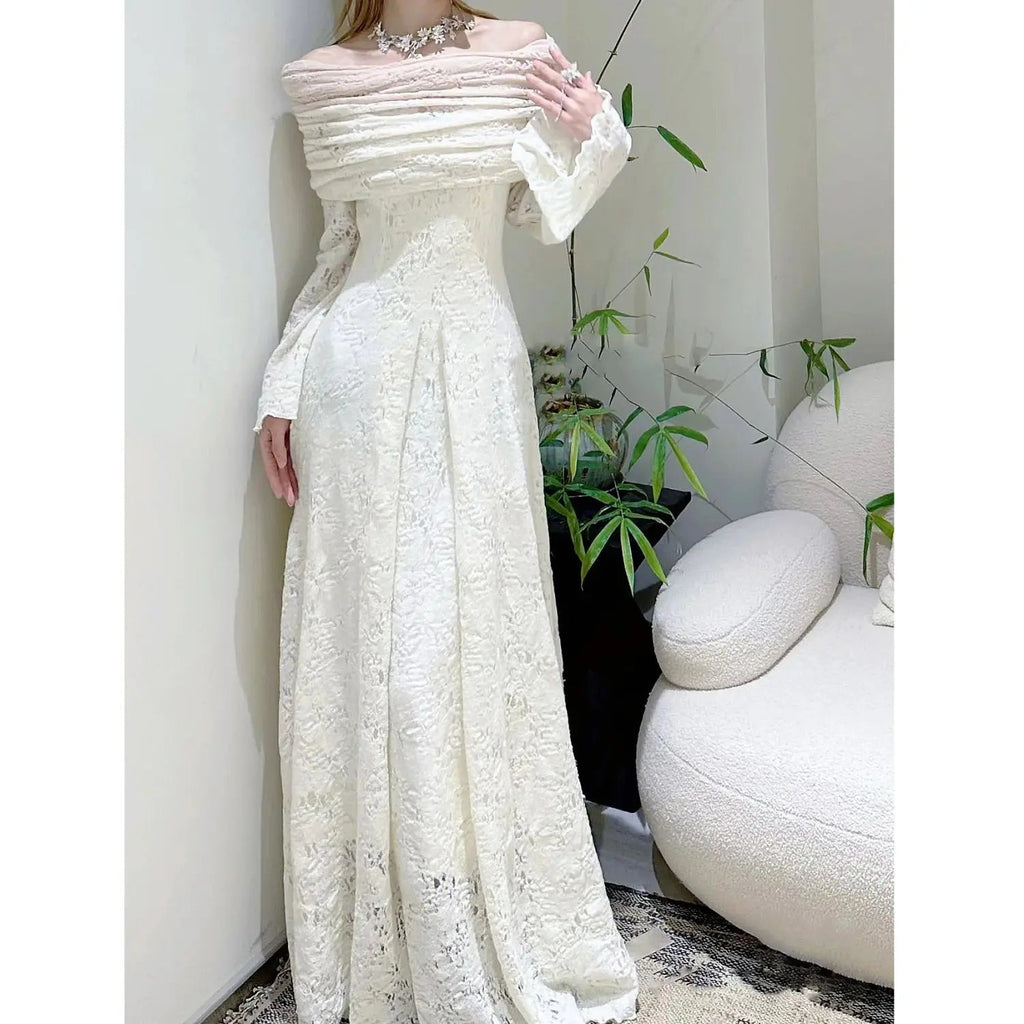 Autumn/winter Retro Flare Sleeve Off Shoulder Shawl White Dress Slimming Knitted Jacquard Fishtail Maxi Dress for