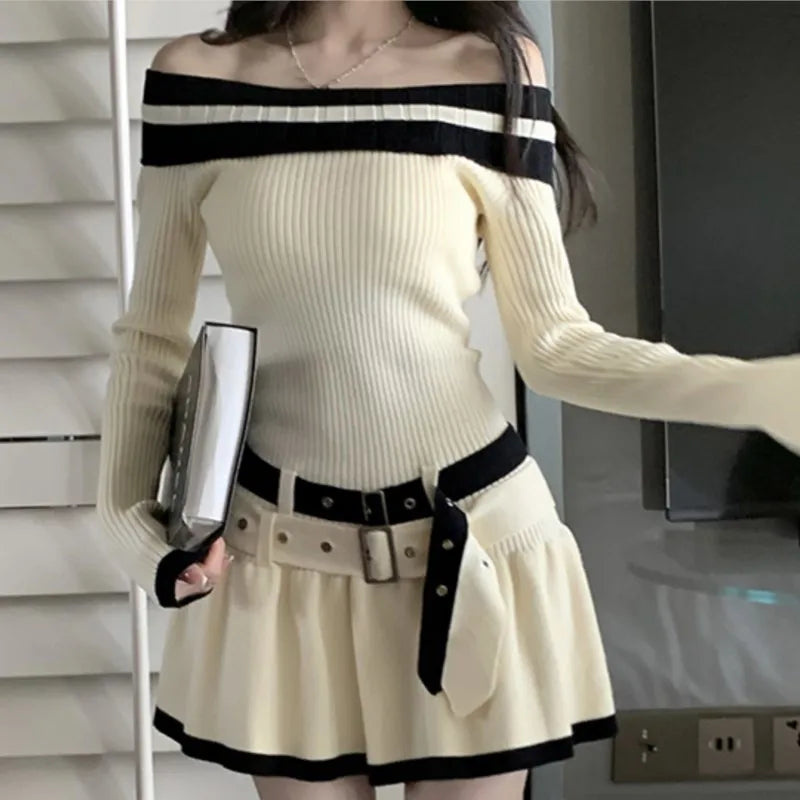 Y2k Slim Knitted Mini Dresses Off Shoulder Korean Short Party Dress With Belt Autumn New Clothing