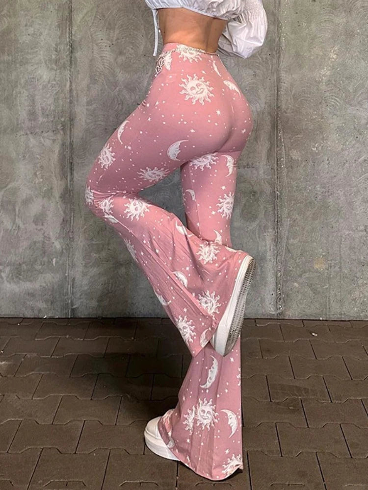 Summer Pink Pants Slim Printed Long Flared Pants Low-rise Patchwork Abstract Y2k Pants