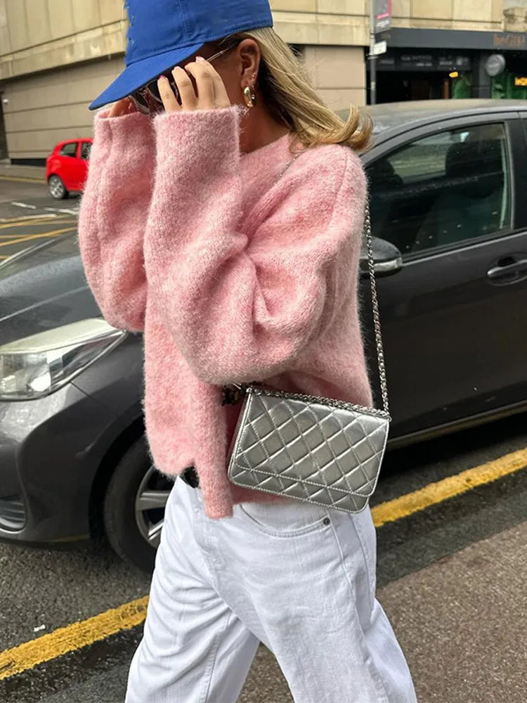 Oversize Pink Cashmere Base Sweater Long Sleeve Round Collar Pullover New Lady High