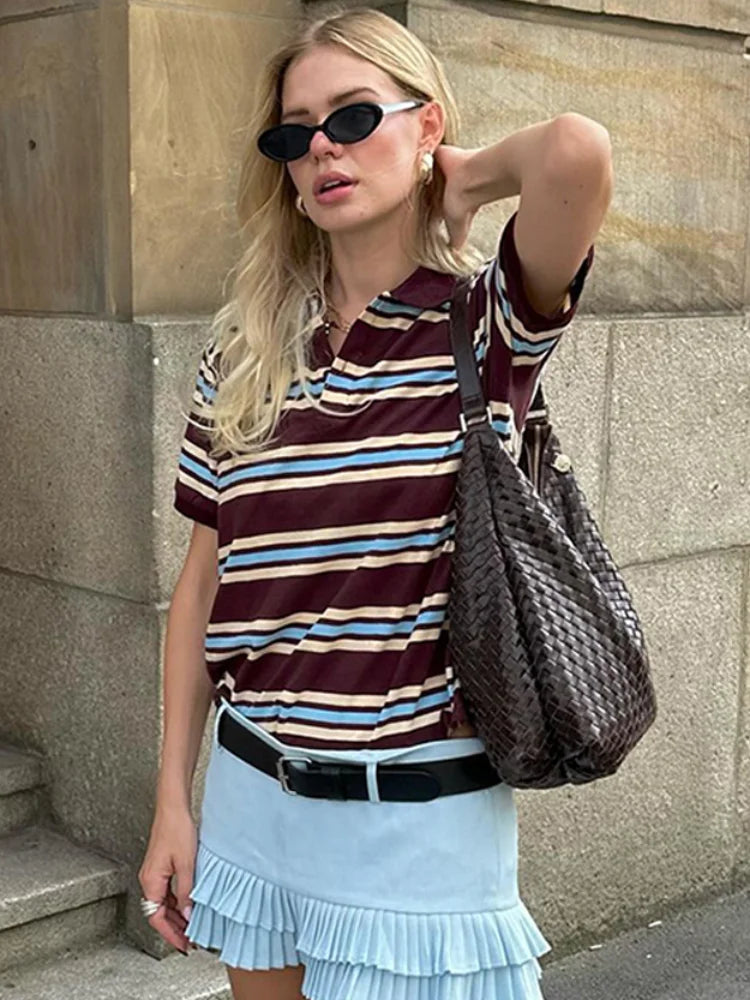 Stripe T-shirt Short Sleeve Female All Match Polo Shirts Summer New Loose Tops High Street