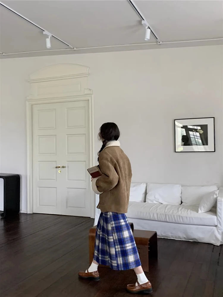 Japan Preppy Plaid Skirts for Woman Autumn Winter Woolen Plaid Pleated Long Skirt Aline Woolen Umbrella Skirt