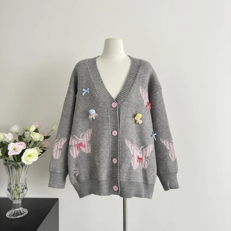 Sweet Hot Girl College Style Bow Tie Sweater Jacket Autumn and Winter Loose Knitted Cardigan Female Clothes