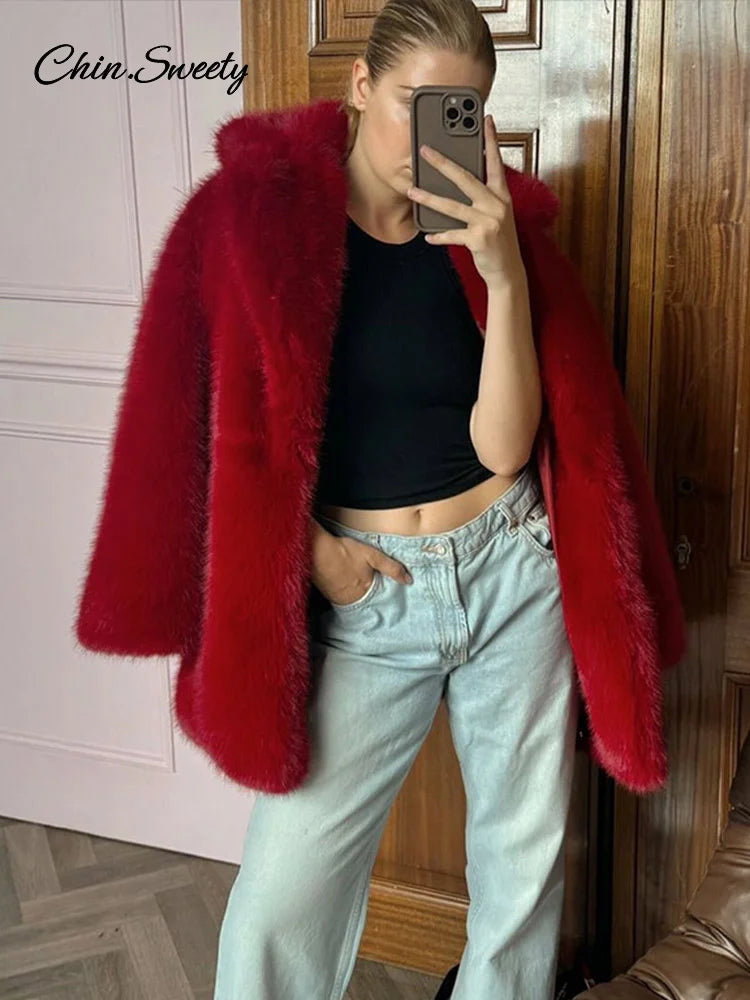 ’s Red Faux Fur Long Overcoat Fleece Thick Warm Full Sleeve Lapel Cardigan Coat Winter Loose Outerwear