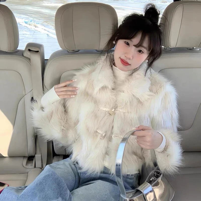 Sweet Hot Girl Horn Button Faux Fur Coat Winter Loose Turndown Collar Longsleeved Short Jacket Female Clothes