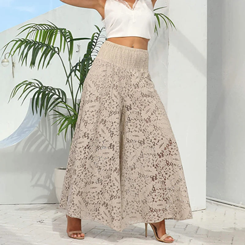 Spring Jacquard Liner Pants Female High Waist Wideleg One Piece Trousers Hollow Lacemesh Patchwork Long Pant
