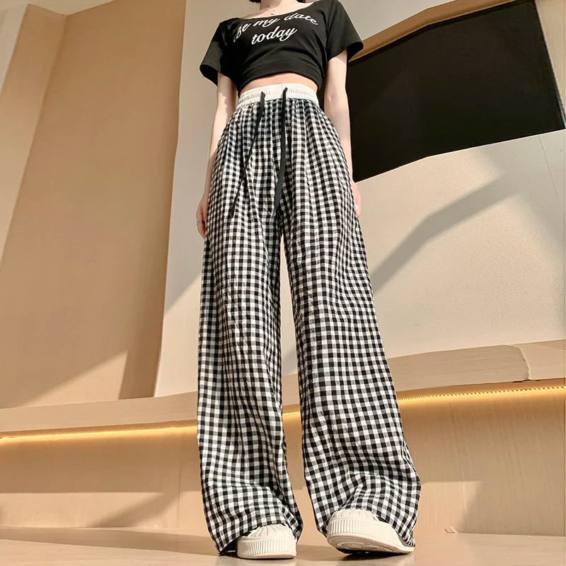 Thin High Waisted Checkered Black and White Wide Leg Pants, Elastic Floor Length Pants, Retro Loose and Versatile