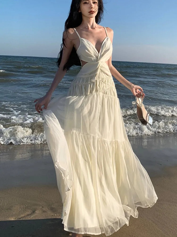 Beige Club Backless Pleated Slip Dress Summer Vneck Slim Lace Up Sleeveless Evening Party Fairy Long Dresses