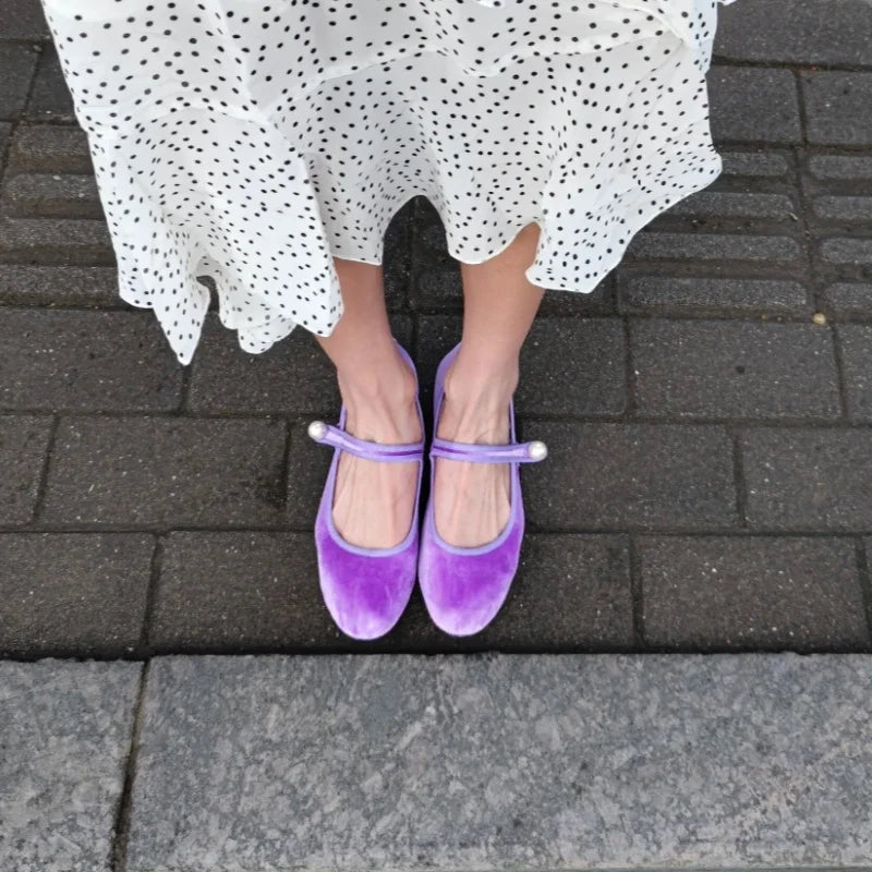 Retro Purple Burgundy Satin Pearl Velvet Mary Jane Flat Shoes for Ballet Flats Students Designer Shoes for