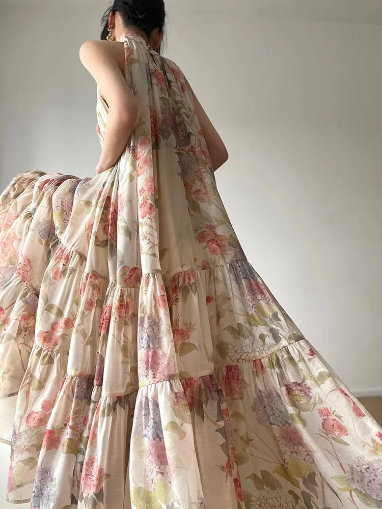 Halter Long Dresses for Summer New Printed Sleeveless Aline Loose Party Dress Prom Robe Vestidos Mujer