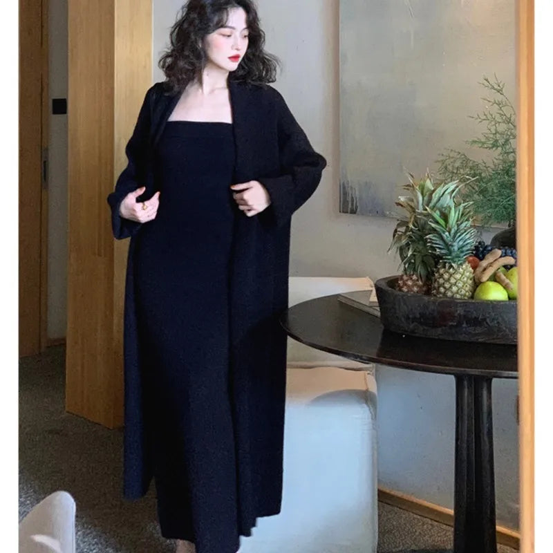 Autumn Winter Warm Knitted 2-piece Dress Set Soft Long Cardigan Strapless Bodycon Split Midi Dress Outfits