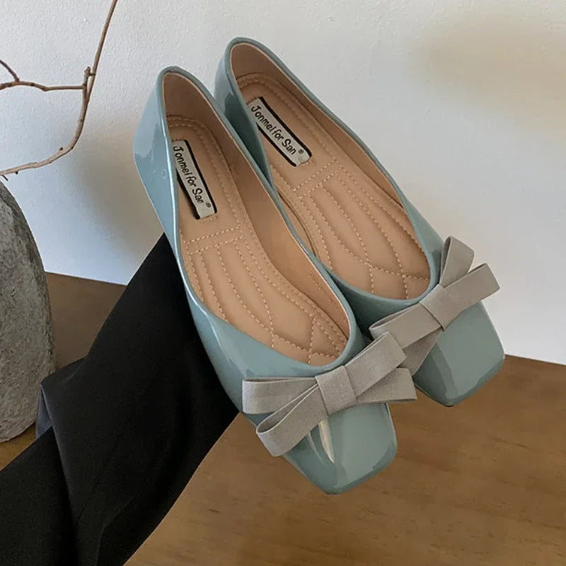New Mary Jane Shoes Square Toe Flats Shallow Dress Shoe Butterfly Knot Patent Leather Soft Soled Ballet Shoes