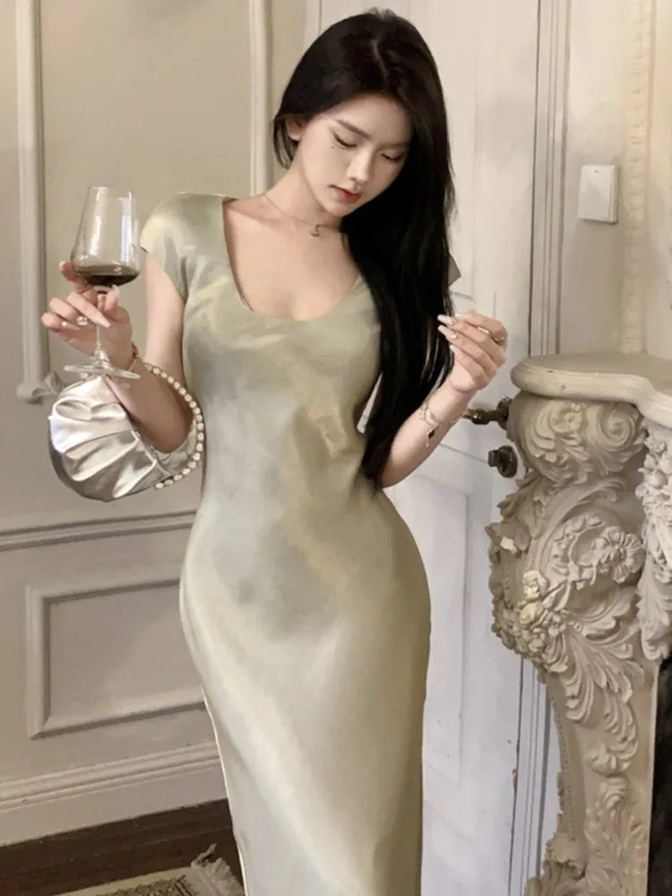 Bodycon Mermaid Midi Dress Summer Female Evening Party Maxi Dresses Short Sleeve Vestidos French Robe