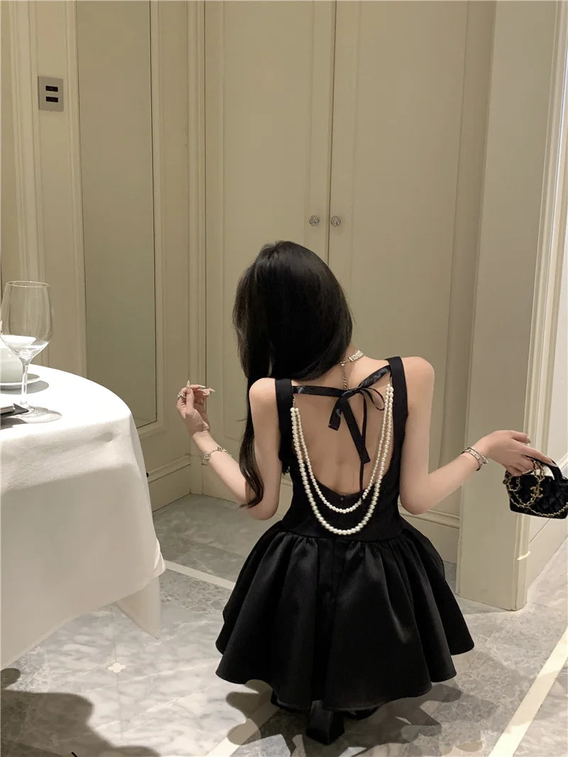 Korean Romantic Pearl Chain Backless Lace Up Princess Mini Dresses Sweet a Line Dress Birthday Evening Party Clothes