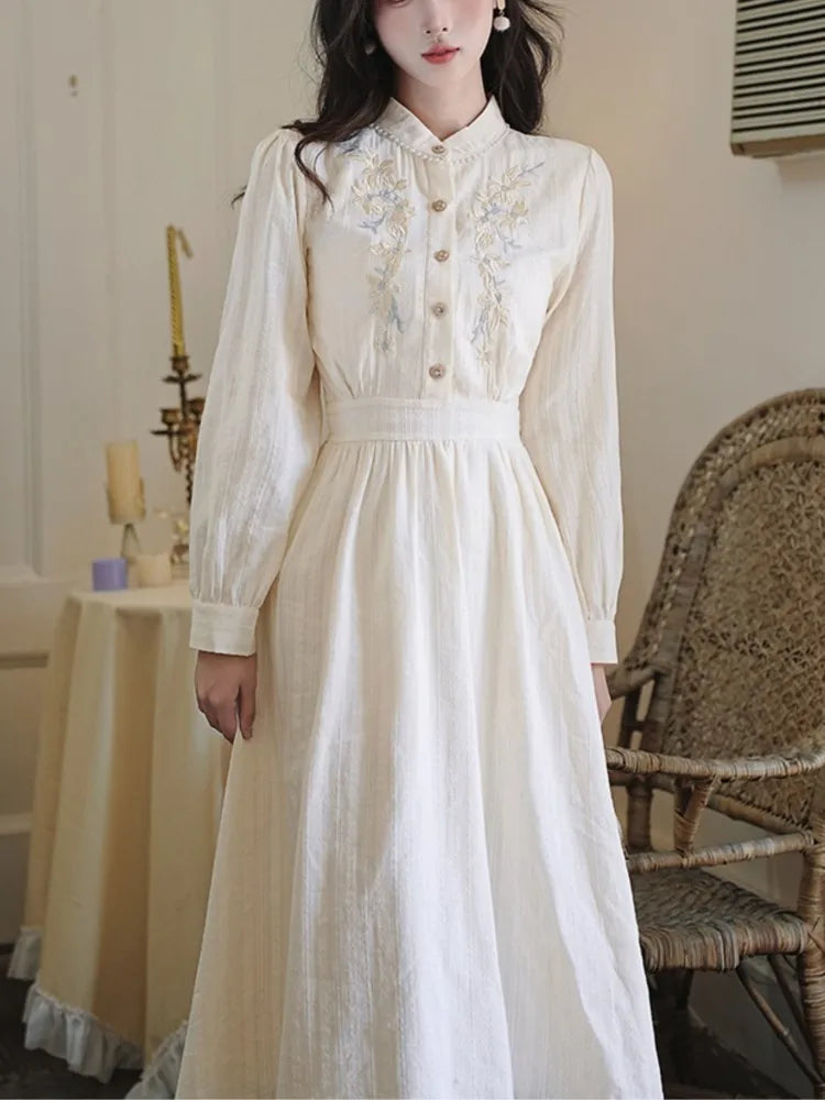 Fairy Embroidery Midi Dress Female French Party Midi Dress Stand Collar Puff Sleeve Evening Robe Vestidos