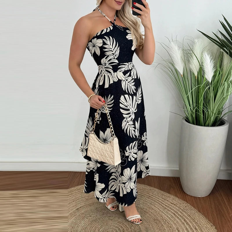 Halter Hollow Sleeveless Holiday Dress New Summer Print Ruffle Long Dress Backless Slim Party Dresses
