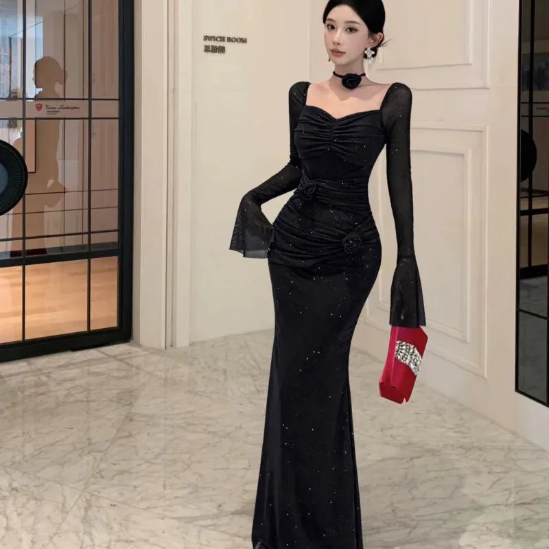 Mesh Bodycon Maxi Dresses for Flare Sleeve Square Collar Slim Mermaid Evening Party Dress Prom Robe Vestidos New