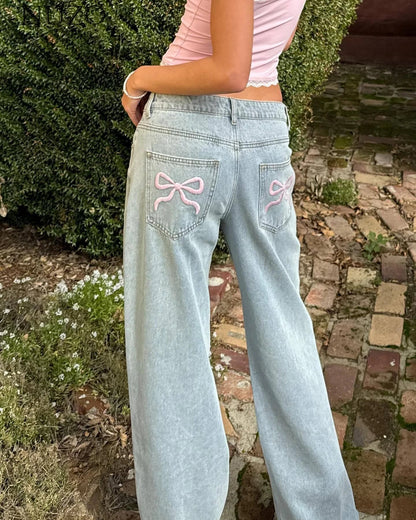 Bow Embroidered Wide Leg Jeans High Waisted Straight Leg Pants