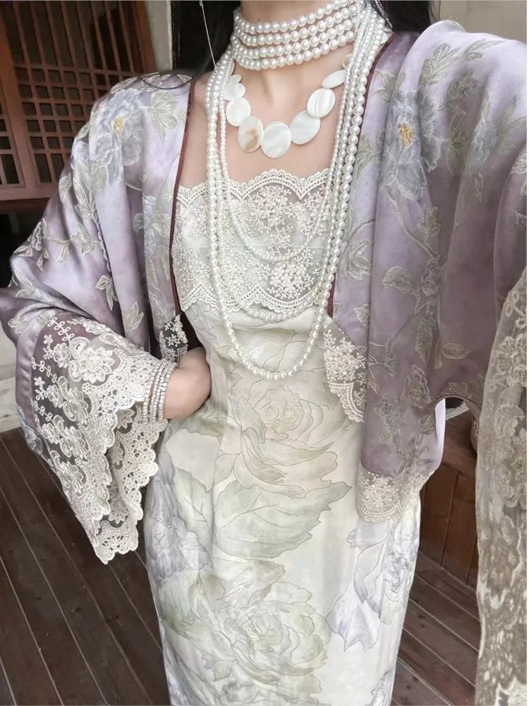 New Chinese Style ’s Two-piece Dress Set Lace Patchwork Cardigan Spaghetti Strap Lace-up Long Dress Female Suit