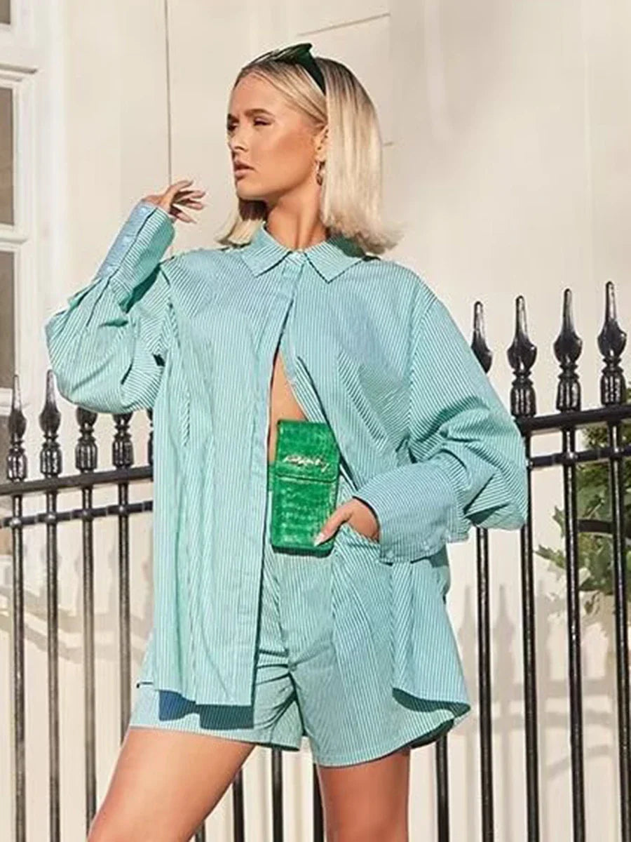Drawstring Short Pants Sets New Summer Long Sleeve Pocket Irregular Blouse+shorts Outfits Two-piece Set