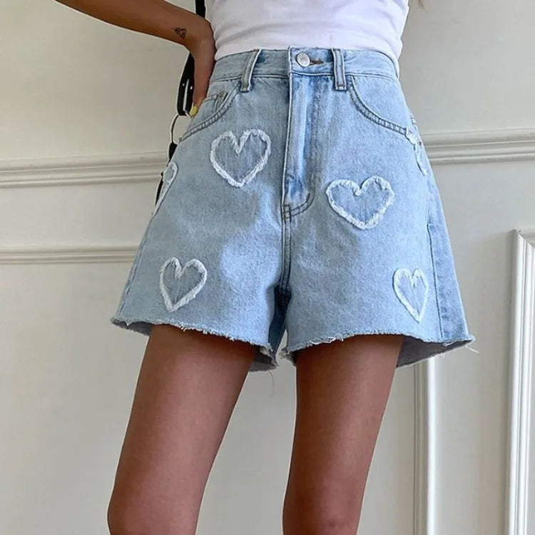 Sweet Fur Heart Pattern Denim Shorts for Y2k High Waist Loose Straight Short Pants Summer New Wide Leg Shorts