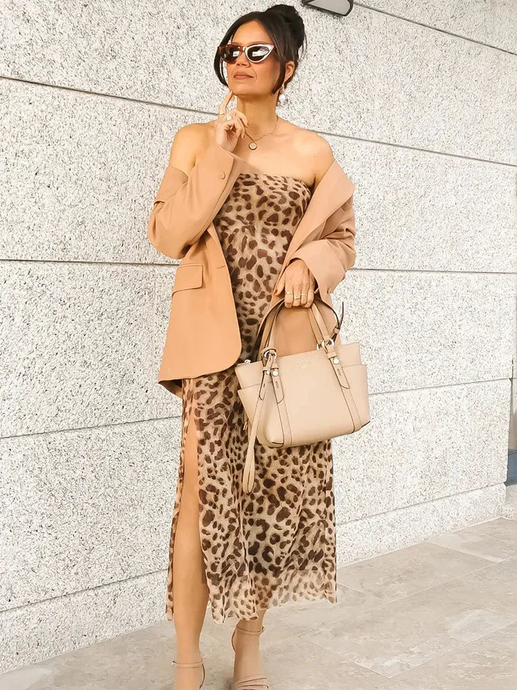 Summer Printed Tube Long Dress for Woman Strapless Slit Slim Fit Dresses Female Tulle Dress