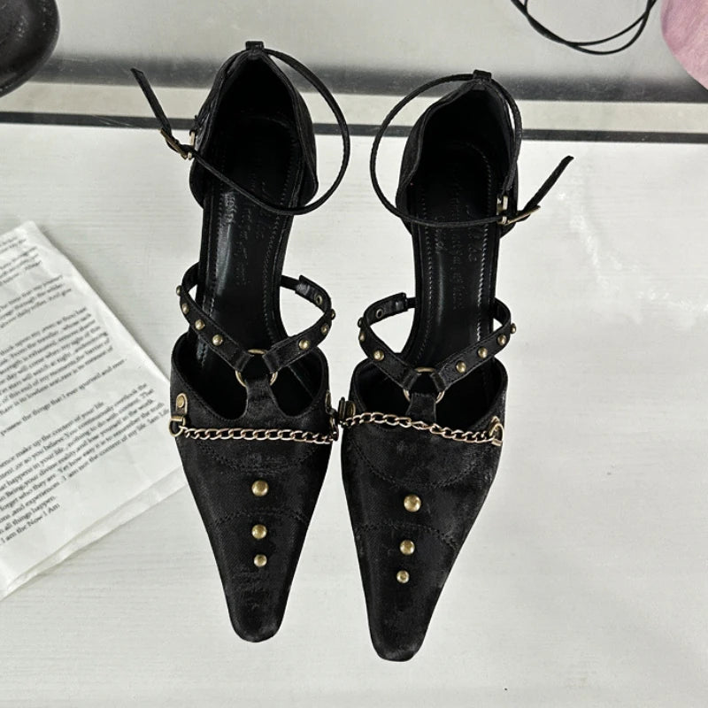 Retro Rivets Metal Chain High Heels Thin Heel Party Dress Shoes Office Shoes Pointed Toe Pump Sandals