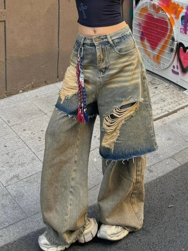 American Oversize Washed Denim Pants Spring Autumn New Loose Jeans for Y2k High Waist Hole Wide Leg Pants
