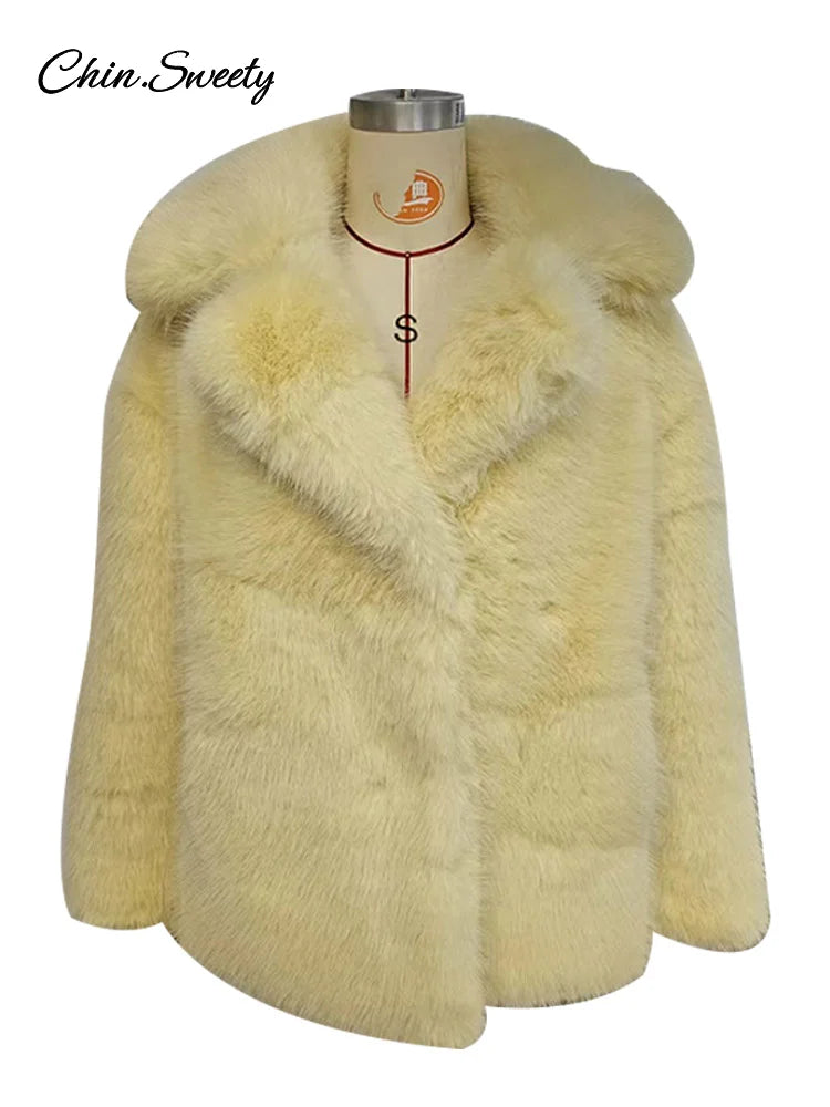 Faux Fur Jacket Coat Warm Fluffy Loose Long Sleeve Lapel Female Overcoat Winter Yellow Lady Street Outwear