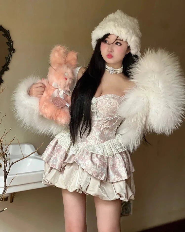 Sweet Elegance Retro Jacquard Strapless Dress for Lolita Dresses Pearl Pendant Slim Fit Patchwork Mini Dress