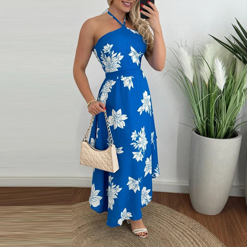 Halter Hollow Sleeveless Holiday Dress New Summer Print Ruffle Long Dress Backless Slim Party Dresses