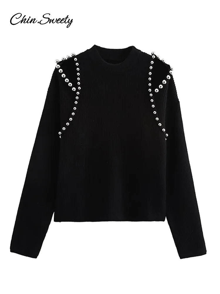 ’s Beading Sweater Pullover Knitted Black Long Sleeve O-neck Jumper New Spring Lady Outwears