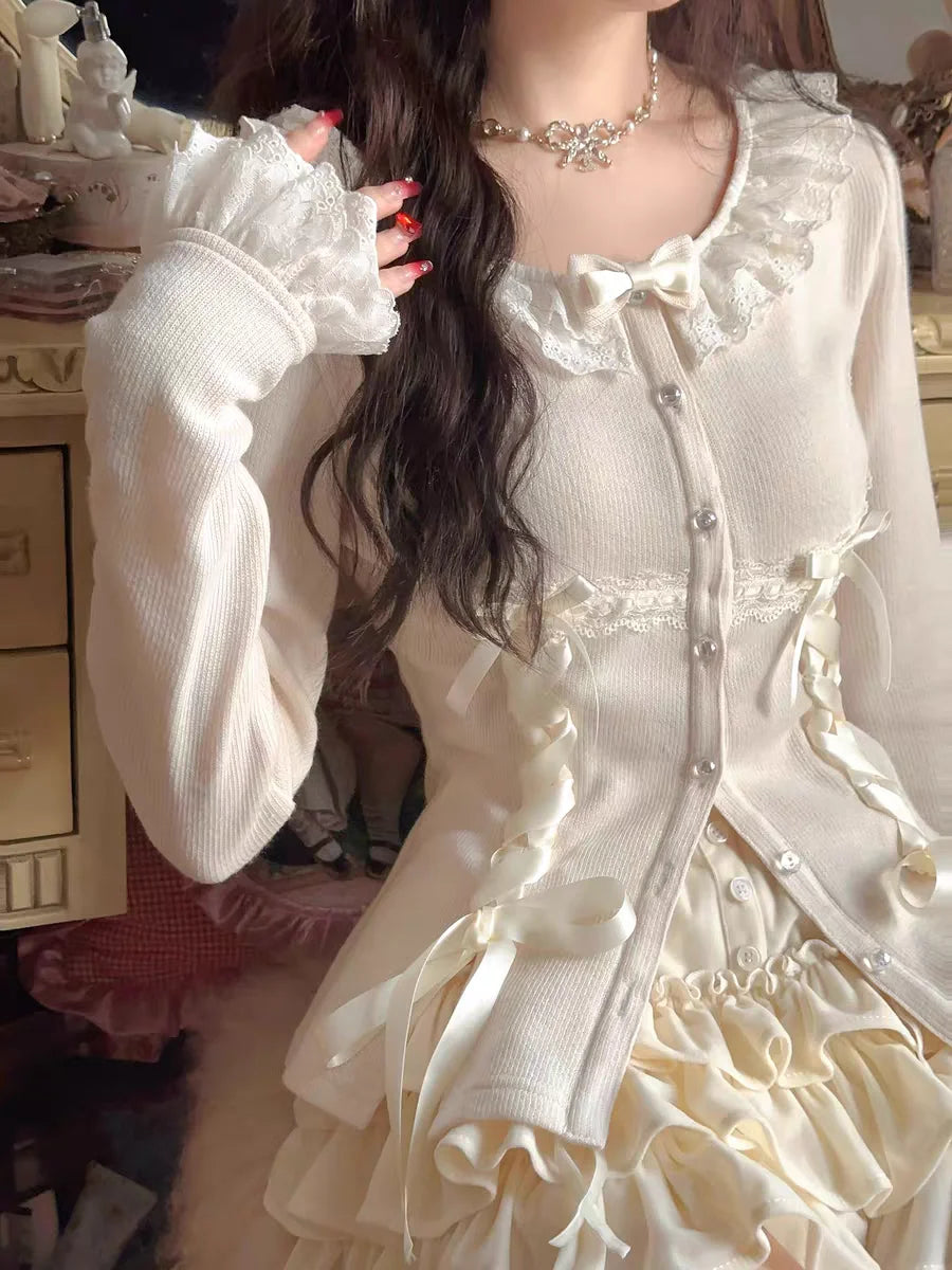 Soft Sweater Cardigan New Autumn Bow Pearl Single Breasted Oneck Sweater Sweet Coat