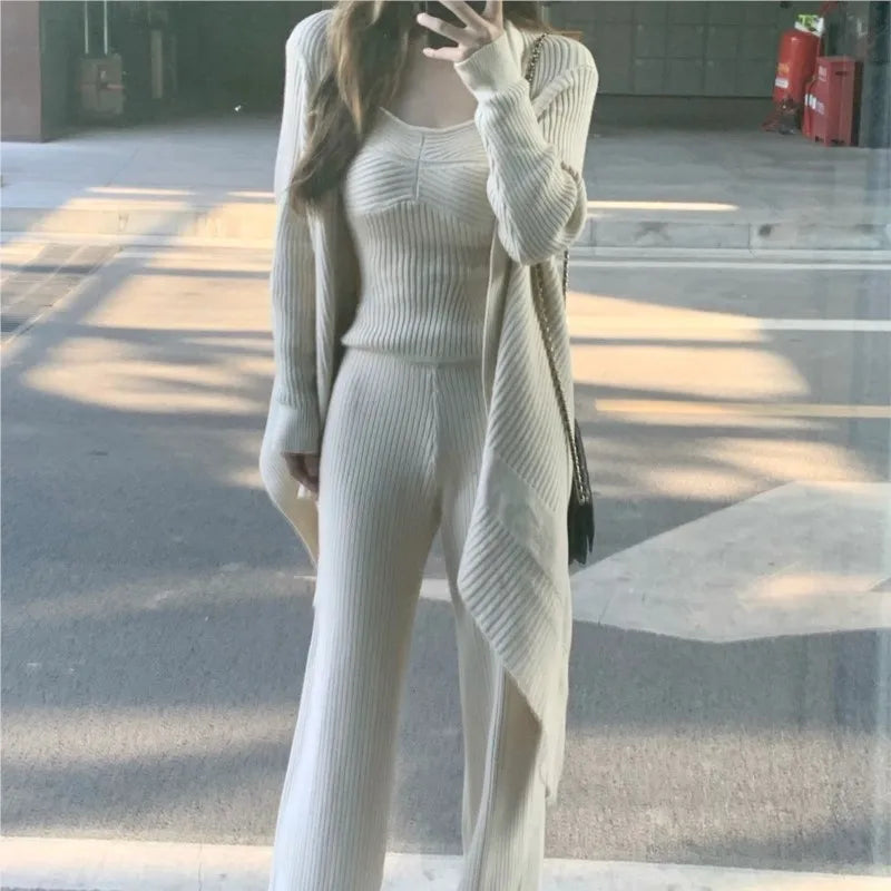 Autumn Winter Knitted 3piece Set Tank Top Long Pants Cardigan Sweater Pullover Korean Outfits New