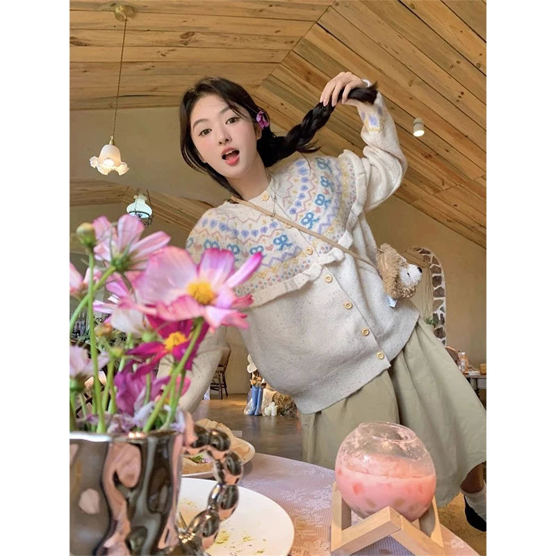 Kawaii Bow Pink Knitted Cardigan Print Patchwork Sweater Outerwear Korean Aesthetic Knitwear Long Sleeve Jumpers