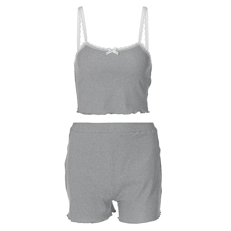2 Pieces Sets Lace Trim Ribbed Tank Top and Shorts Woman Matching Set Clothing Summer Outfits Lounge Wear