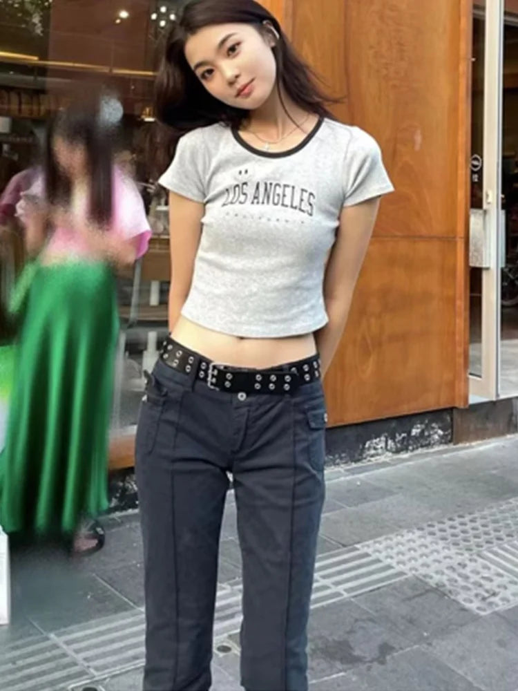 Black Flared Pants Summer Low Waist Pockets Ornamnet Color Pants Female Bottoms